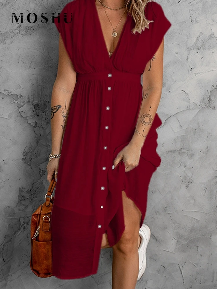 Платье женское на пуговицах повседневный длинный пляжный сарафан без рукавов