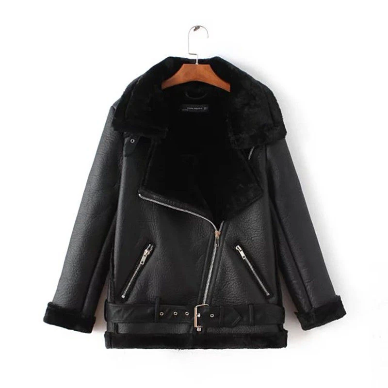 Winter Coats New Slim Sashes PU Faux Leather Jacket Women Solid Zipper Casual Thick Warm Wool Lamb Outwear Female Clothing Tops