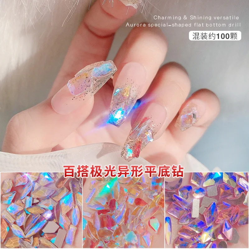 

100Pcs Korea Aurora Sparkle Nail Rhinestones Flash Transparent Flatback Mixed Nail Art Glass Gem Stones For Manicure Decoration