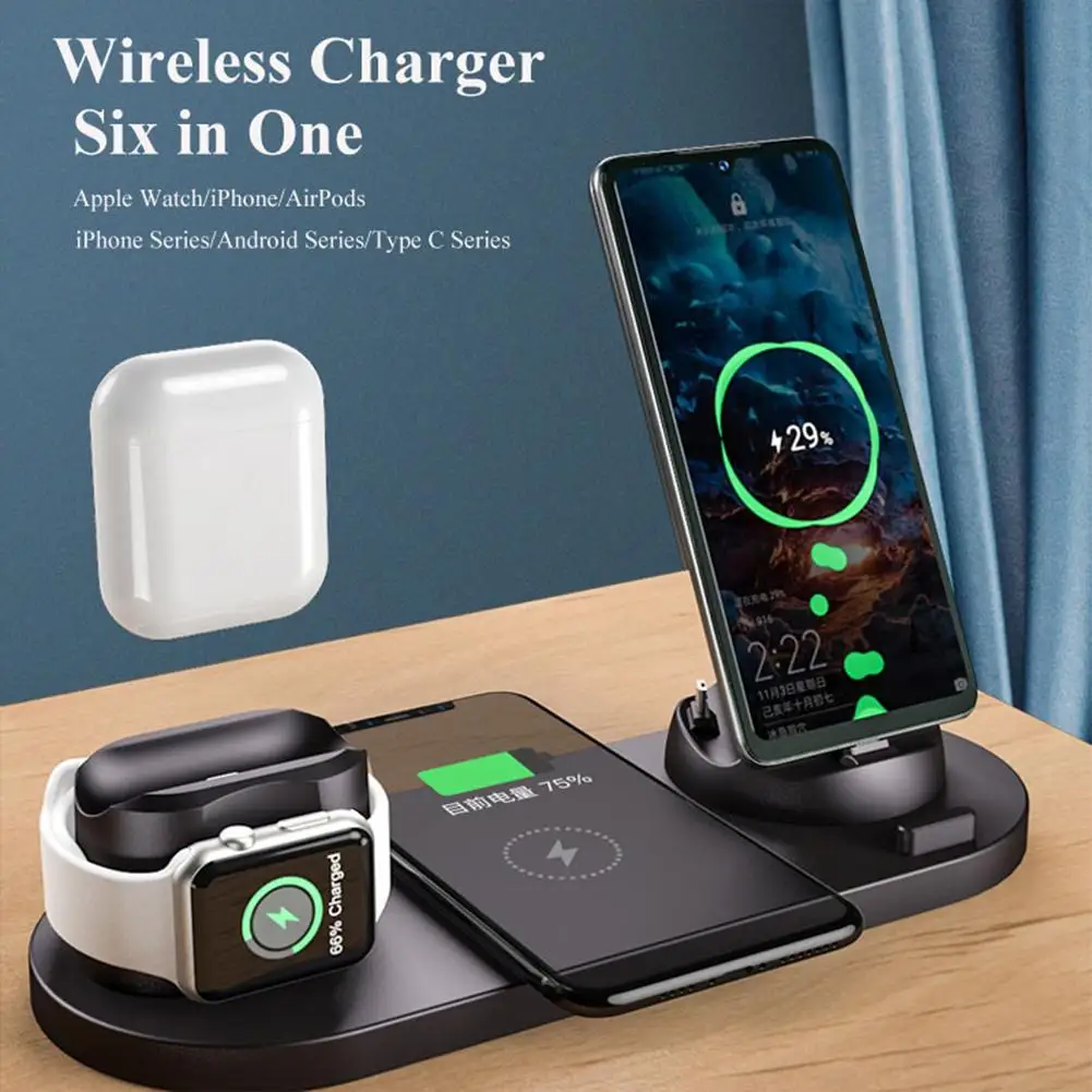 

WS 6-in-1 Wireless Charger Automatic Control Multi-port Charging Station Compatible For Iwatch Huawei Watch Mobile Phone