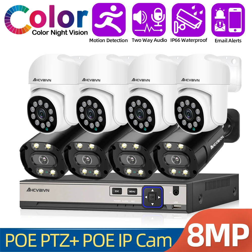 

HD 8MP 4K 8CH POE Security Camera System PTZ + POE IPC Outdoor Ai Human Detect Two Way Audio Video Surveillance NVR Camera Kit