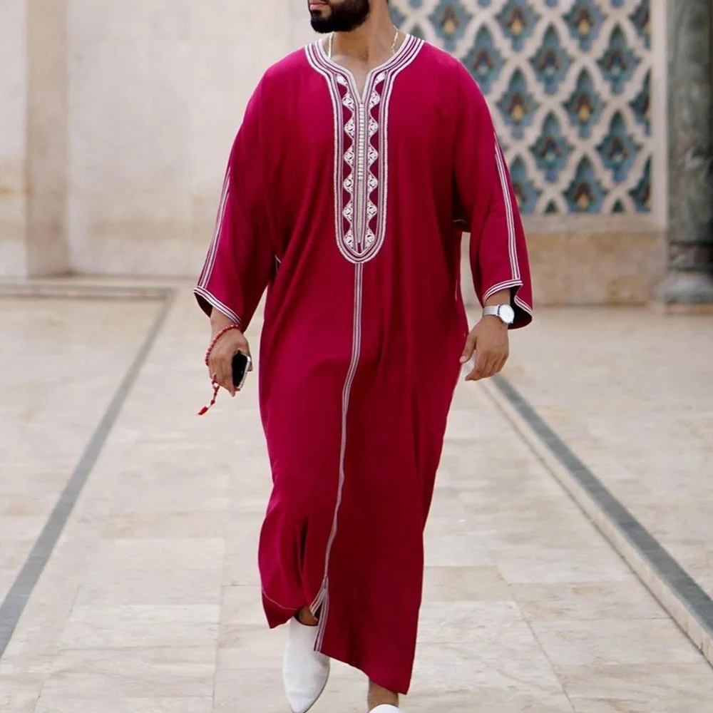 

Muslin Men Robe 2023 Summer Wine Red Abaya V-neck National Style Men's Long Shirt Muslim Robe Pullover Turkey Men Clothing