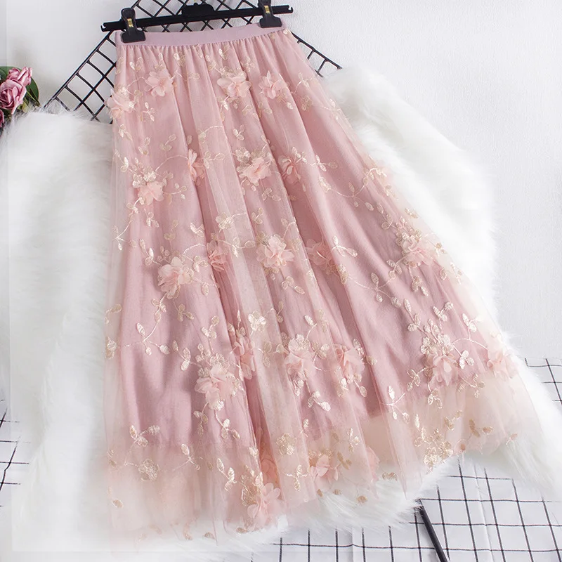 Luxury Woman Skirts 2022 Korean style Fashion Elastic Waist Appliques Embroidery Floral Mesh Skirt Long Gauze Ball Gown Skirt