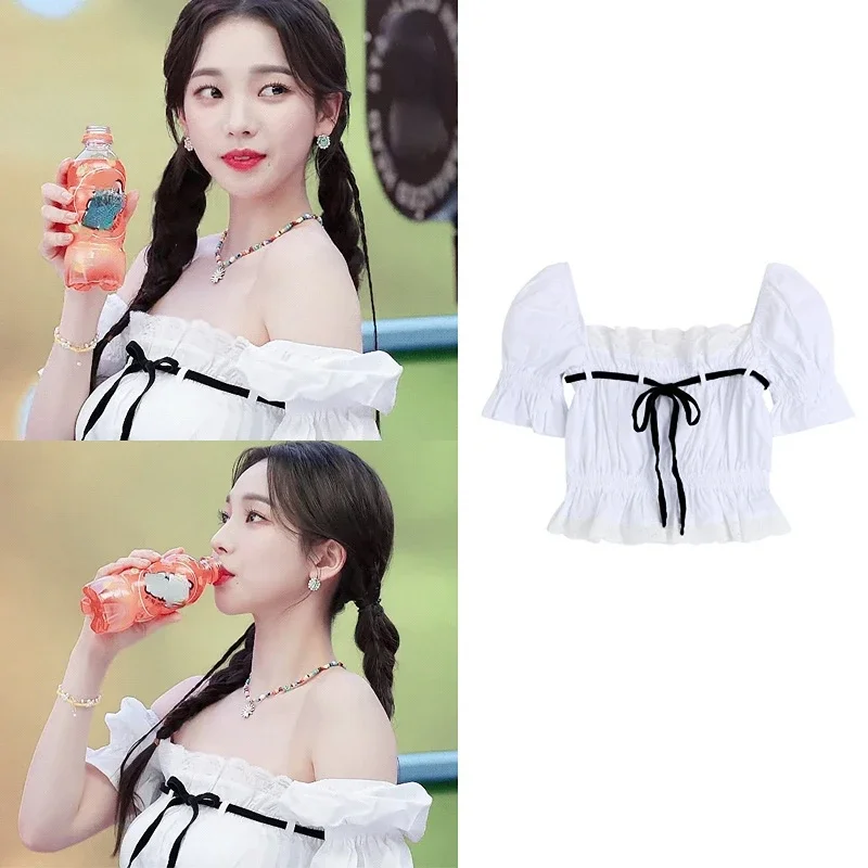 

Karina K-pop женские рубашки с пышными рукавами на шнуровке Волшебные Топы женские корейские милые блузки с квадратным вырезом летние белые топы