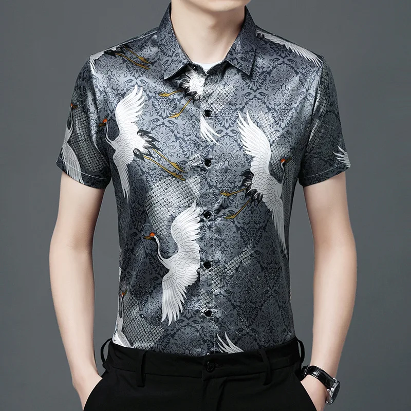 

2022 summer new lapel men's short-sleeved shirts slim Korean version trend casual printed shirts men's tops oversized shirt