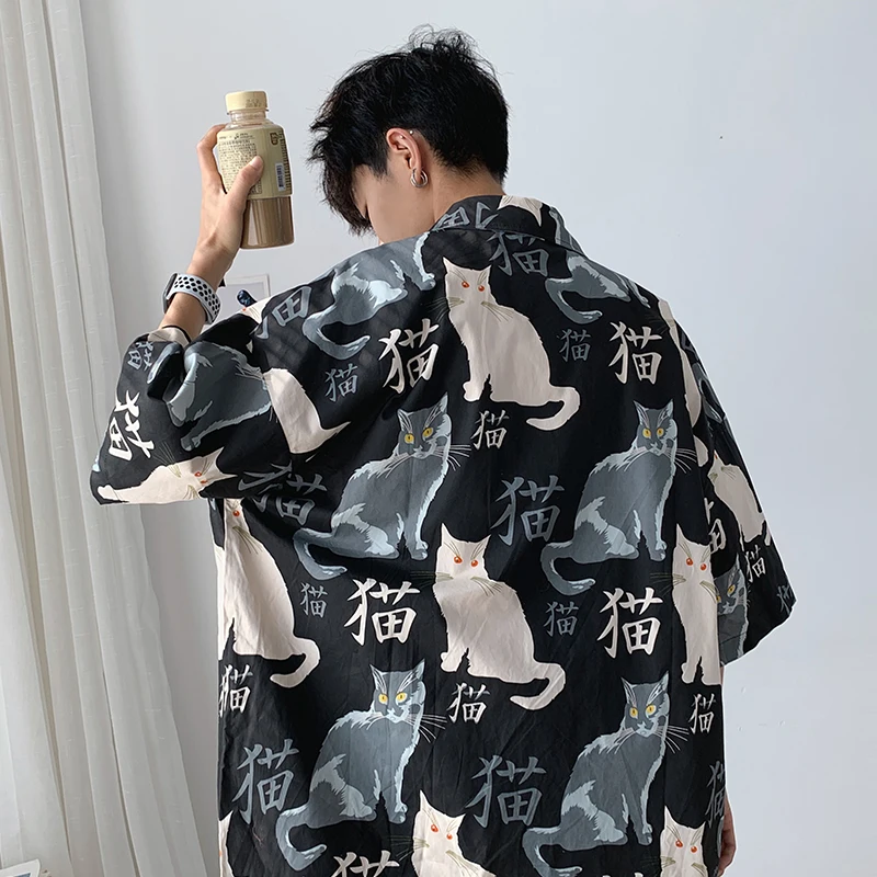 Men's Shirt Summer Short Sleeve Korean Fashion Tops Baggy Cartoon Elements Cat Cardigan Harajuku Blouses Oversized Male Clothes