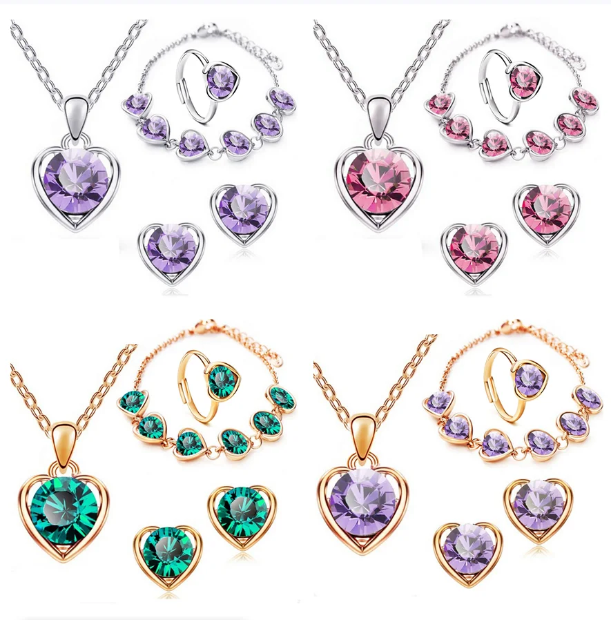 

2022New Ladies Jewelry Set Necklace + Earrings + Rings + Bracelet Fashion Crystal Four-piece Set High-end Spot Wholesale