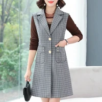 spring and autumn blend woolen vest windbreaker womens sleeveless middle aged and ederly mothers outwear long plaid jacket