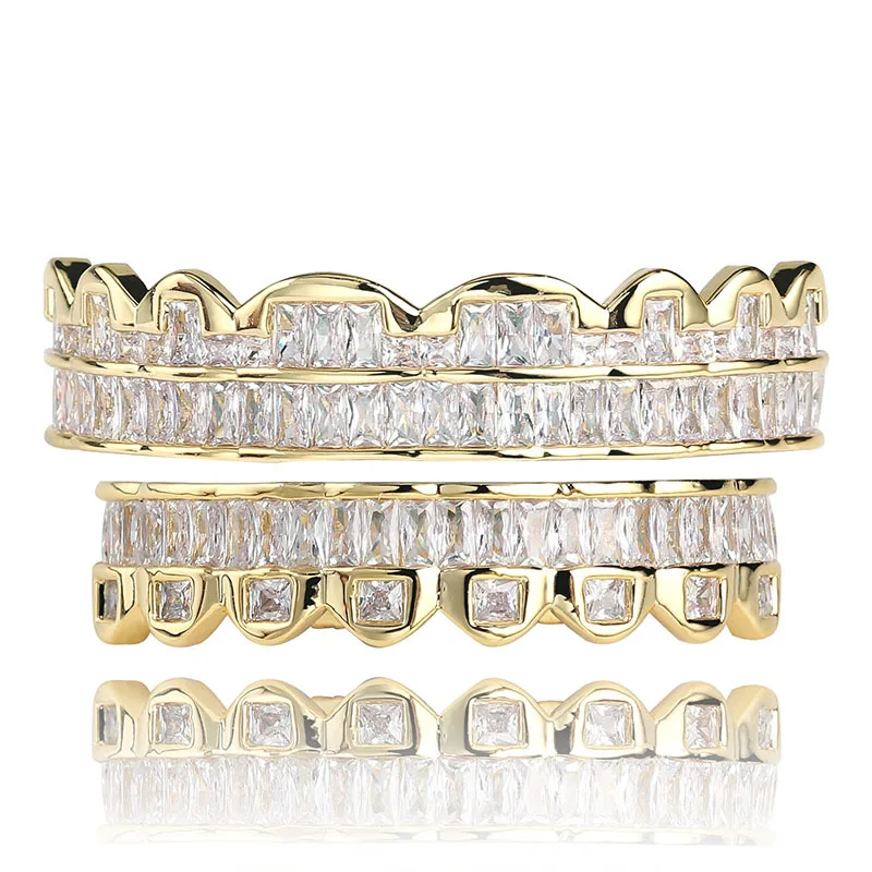 

New High Quality Baguette Teeth Grillz For Teeth Top Bottom Set Grills Dental Mouth Hip Hop Fashion Jewelry Rapper Jewelry Gifts