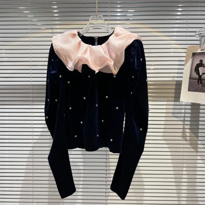 

Ruffle Collar Nail Bead Velvet T-shirt Blue Pink Color Block Spring Women Tops