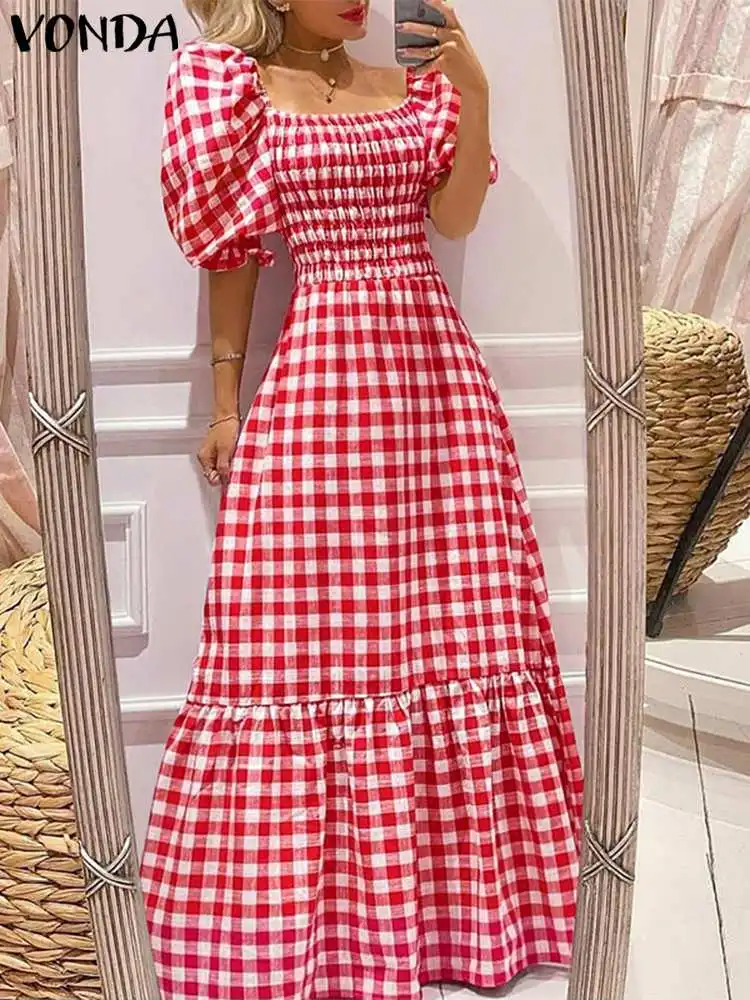 

VONDA Summer Sundress Bohemian Long Maxi Dress 2023 Women Short Puff Sleeve Plaid Casual Sexy Square Collar Party Beach Robe