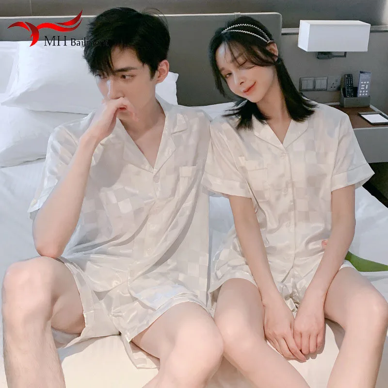 

Solid Color Sleepwear Silk Satin Pajamas Couple Set Women Men Loungewear Plus Size Luxury Prints Leisure Nightwear Home Clothing