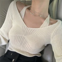 fake two piece womens clothes autumn sexy off shoulder knitted sweater casual all match halter slim tight bottoming solid tops