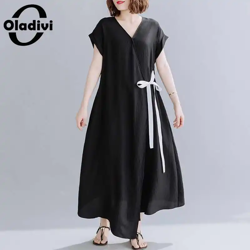

Oladivi Oversized Solid Color Long Dresses Summer 2022 New Women's Short Sleeve Boho Beach Wear Tunic Dress Black White L XL XXL