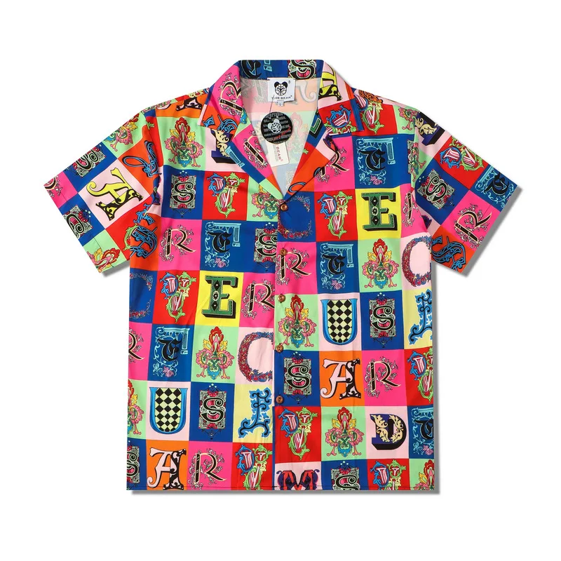 

2023 Summer New Mens Vintage Cartoon Letter Printed Short Sleeve Shirt Fashion Oversized Hawaiian Plaid Shirts Men Chemise Homme