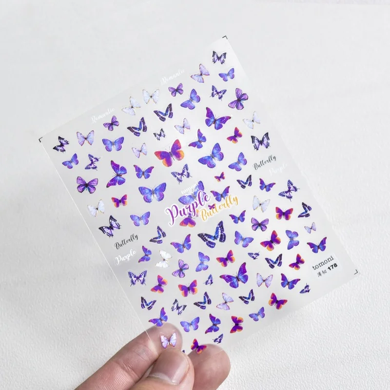 

New Technology Tomoni Thin Tough Purple Butterfly Japanese Nail Stickers 5D Engraved Slider Nail Art Design Decals Manicures Tip