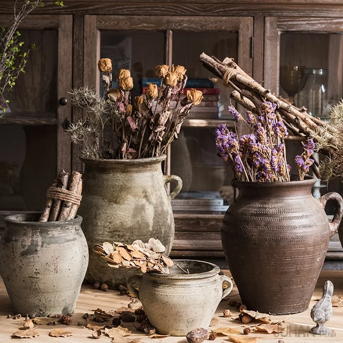 

Crude Pottery Pot Flower Vase and Flower Pot Succulent Retro Antique Large Size Soil Ceramic Basin Earthen Jar Dried Flower