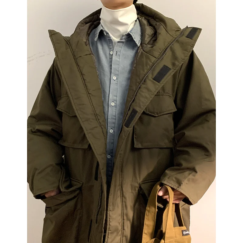 Winter Jacket Men Warm Fashion Retro Pocket Thickened Down Jacket Men Streetwear Korean Loose Mid Length Hooded Coat Mens Parker
