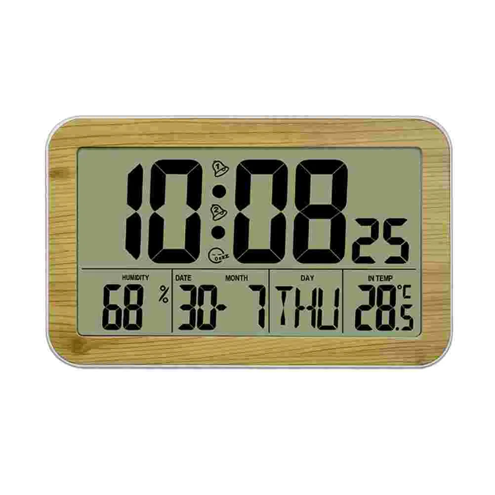 

Wood Grain Digital Wall Clock Temperature Humidity Alarm Home Room Thermometer Electronic Compact Creative Hanging ABS Clocks