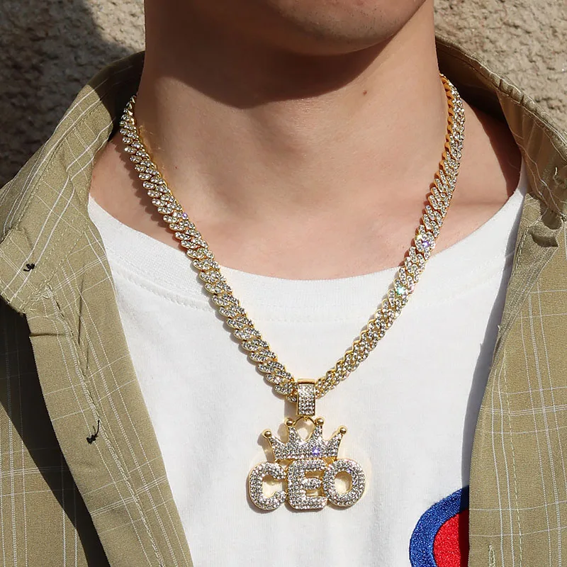 

Fashion Street Ceo Brand Design Hip Hop Rap Gold Color Shiny Crown Cuban Necklace Pendant Men's Rock Jewelry