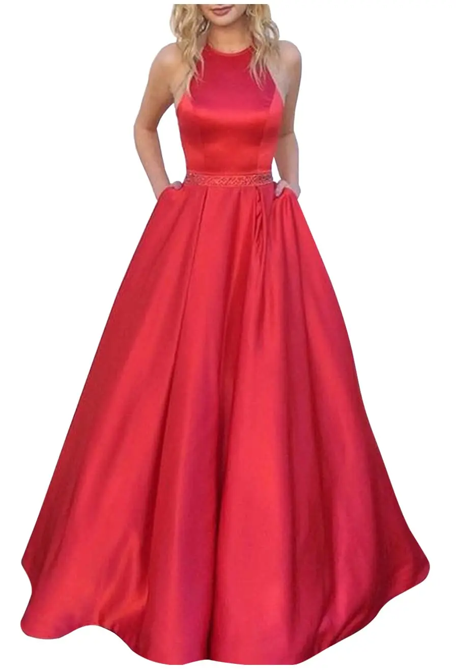 

Женские атласные вечерние платья с лямкой на шее, а-силуэт, с бусинами, длинные черные плиссированные Формальные платья до пола с карманами