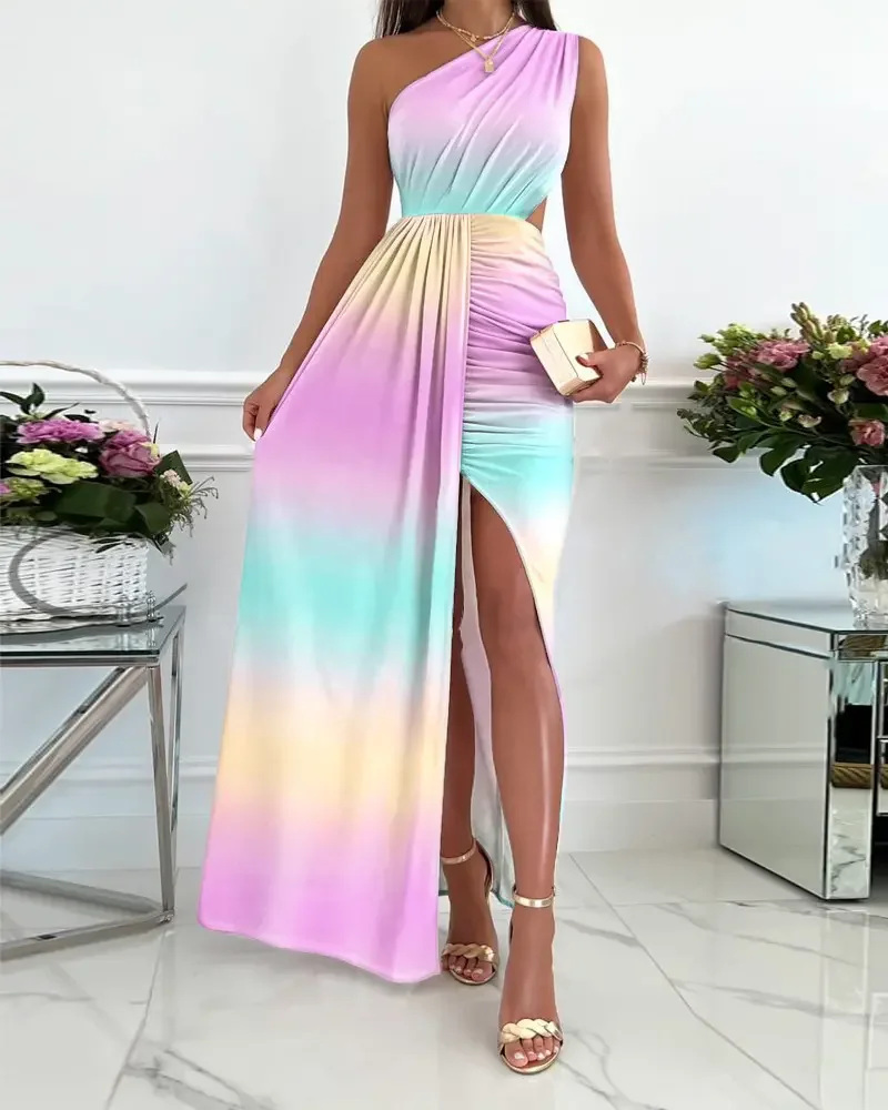 

CHAXIAOA 1 Piece Summer 2022 Women Ombre One Shoulder Cutout Ruched High Slit Prom Sexy Party Dress