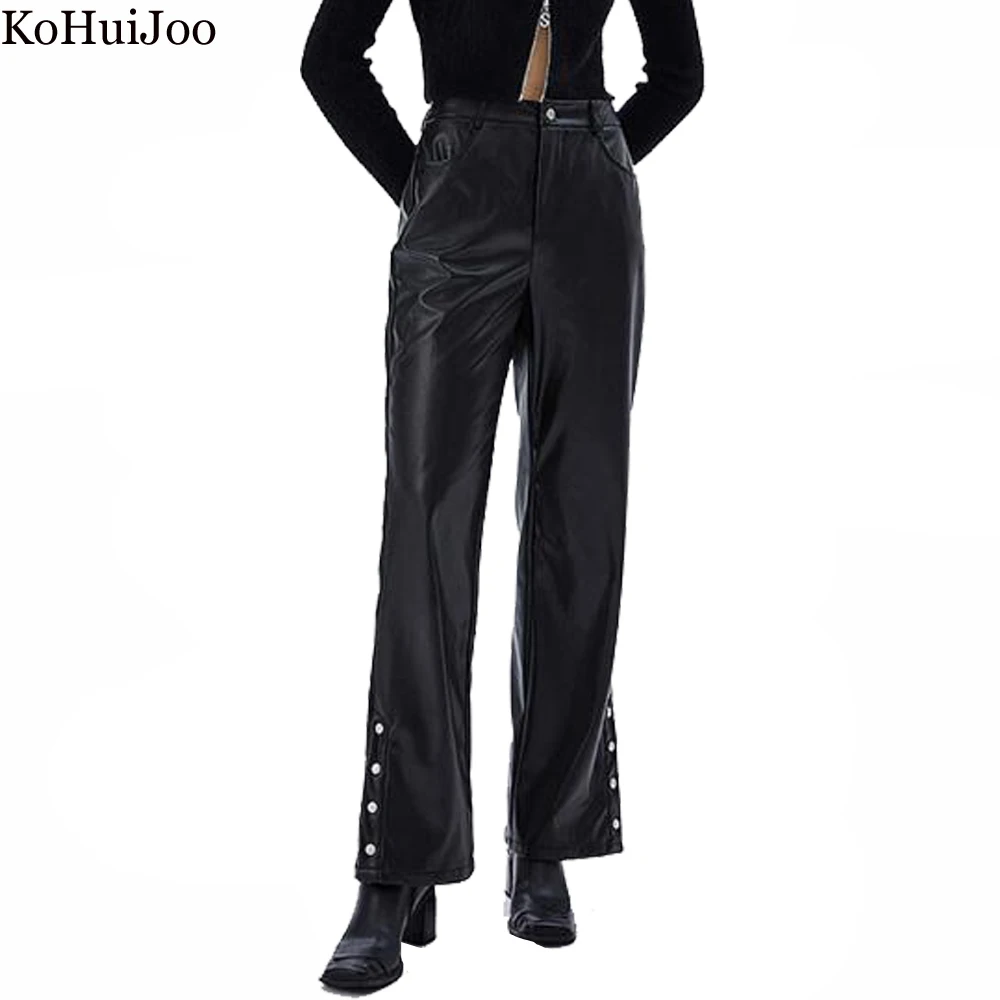 

KoHuiJoo Straight Leather Pants Women Autumn Street Style Trend High Waisted Buttons Design Vintage Casual PU Trousers Black