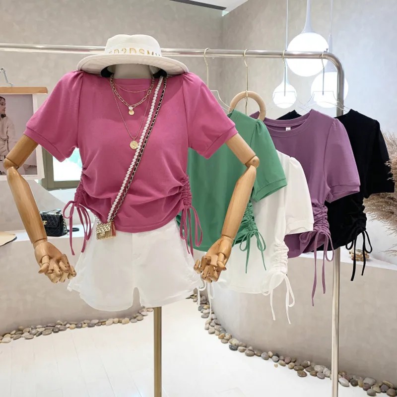 

New Women's Clothing 2022 Summer Solid color top short Pleated T-shirt bottomed Top blouse women