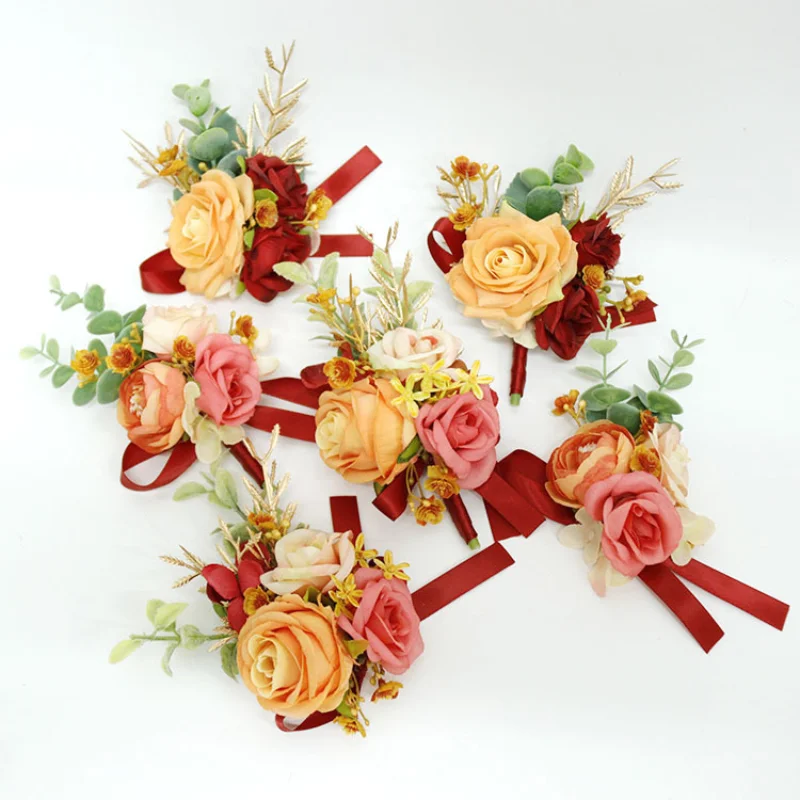 

BAIFUMINGYI Orange Artifical Flowers Boutonniere corsage wedding Roses with Sash Brides Groomsmen Witness Buttonhole Accessories