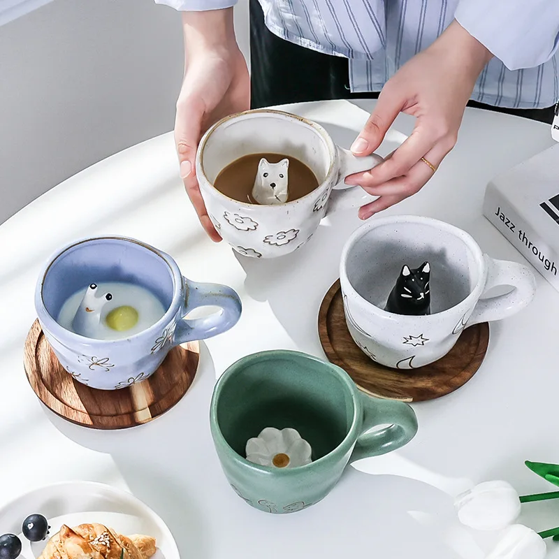 

360ml Creative Cute Handmade 3D Snail Daisy Dog Cat Coffee Mugs Ceramic Funny Cartoon Animal Tea Milk Cups Unique Birthday Gifts