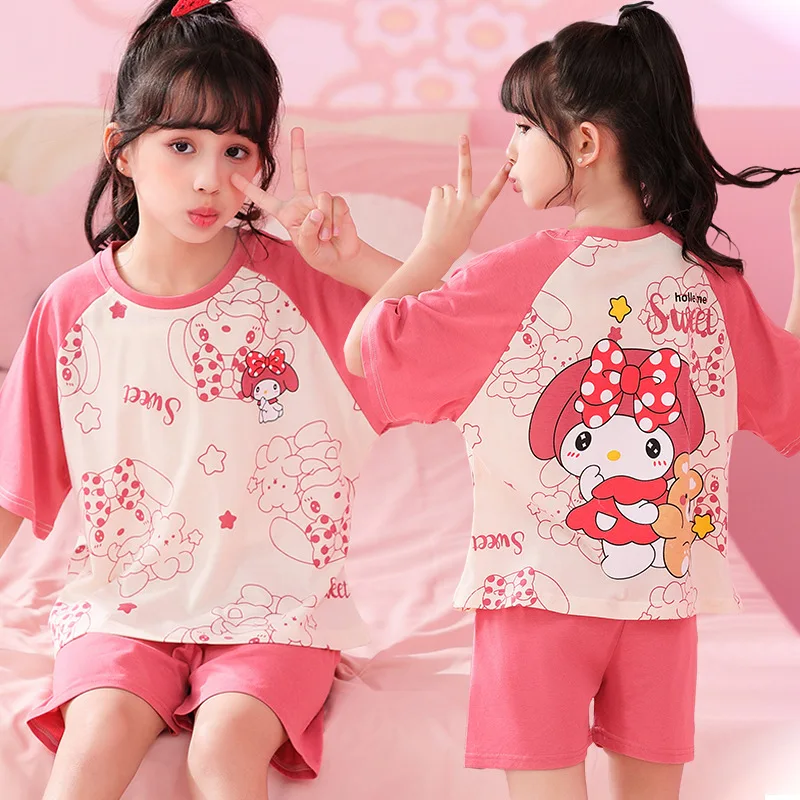 

Sanrios Hellokittys Cinnamoroll My Melody Kuromi Girls Pajamas Set Summer Cotton Short-Sleeved Cartoon Boys Kids Homewear Suit