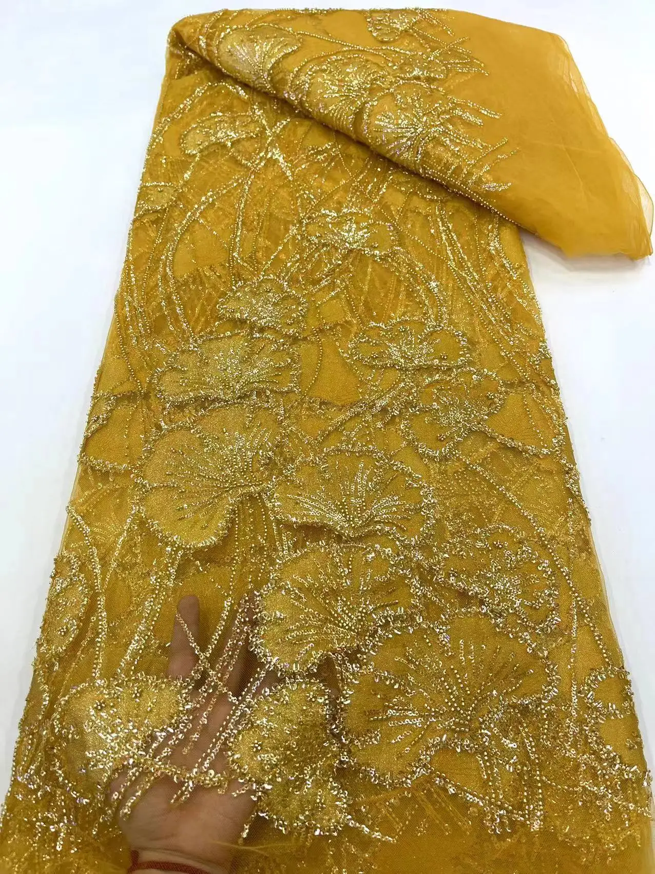 

Luxury Sequins Bridal Fabric Fashion French Embroidery Beaded Lace Fabric African Nigerian With Sequins Fabric For Wedding Dress