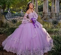princess lavender quinceanera sweet 15 dresses 2022 sleeves lace ball gown prom dress removeskirt vestido de 15 a%c3%b1os robes