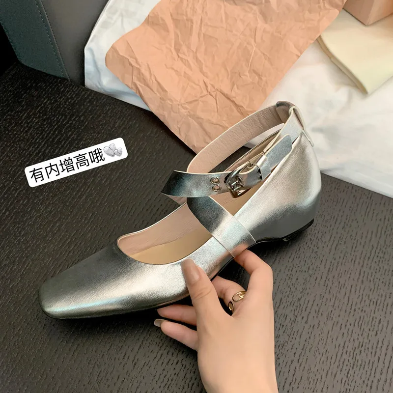 

2023Spring Autumn women pumps natural leather 22-25cm cowhide+pigskin full leather cross-tied Mary Jane shoes Inner raised shoes