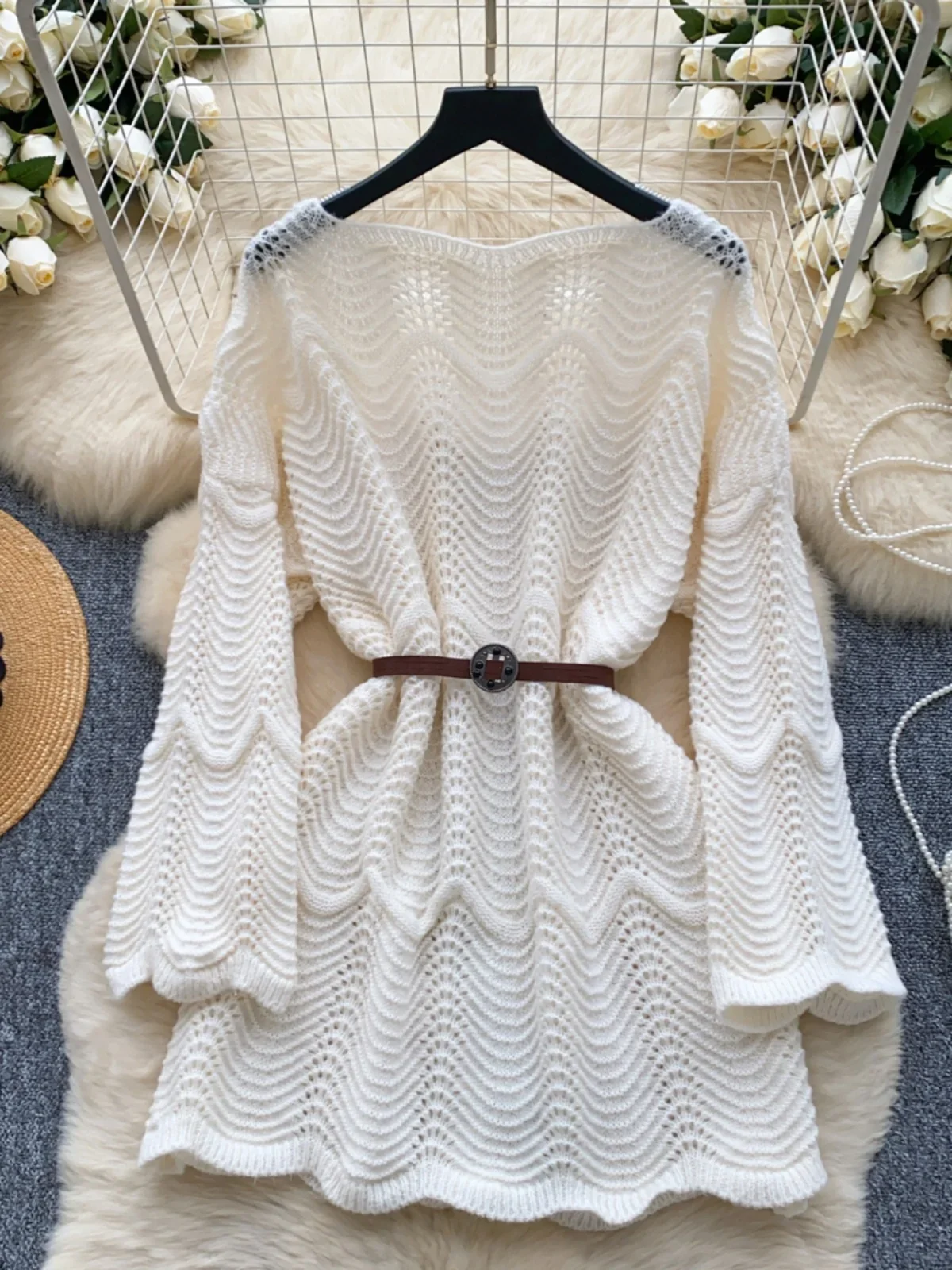 Korean Hollow Sweater Women Autumn Winter Wave Pattern Knitted Female Loose Long Sleeve Pullover Tops