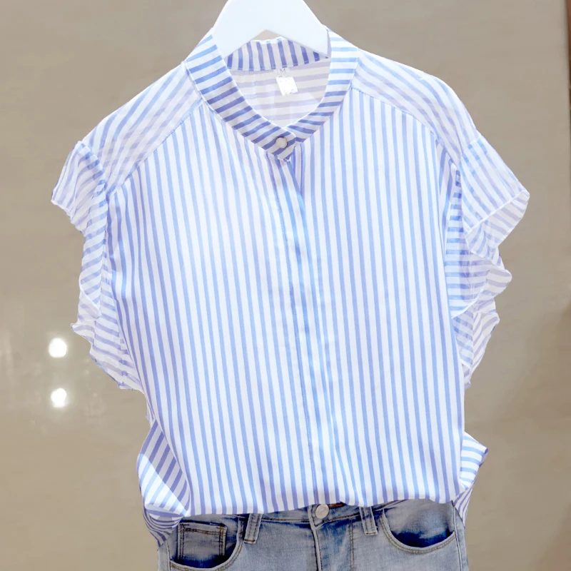 

Женская рубашка в полоску, с коротким рукавом и круглым вырезом, на пуговицах