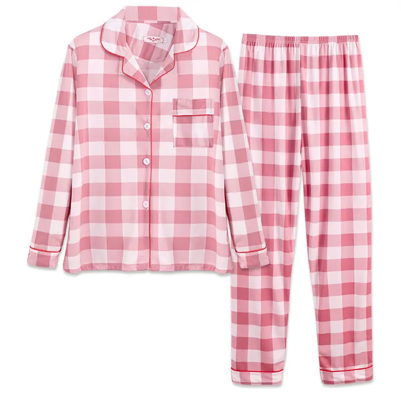 Ladies Autumn Pijamas Women Printed Plaid Pajamas Set Lapel Long-sleeved Trousers 2-piece Home Service Casual Pajamas Sleepwear