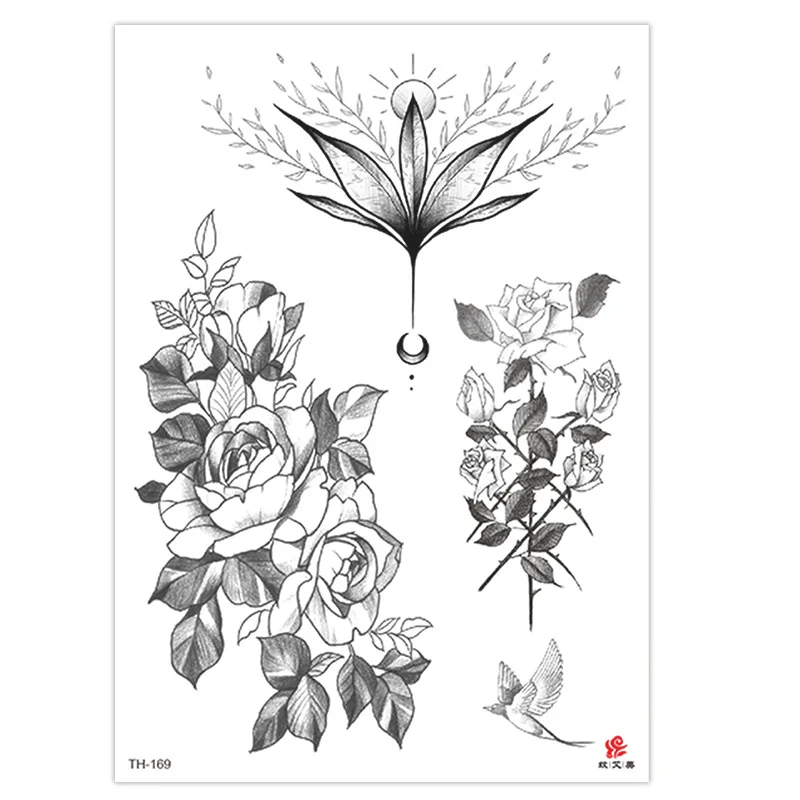 Одноразовые наклейки с искусственными цветами для татуировок черно-белые