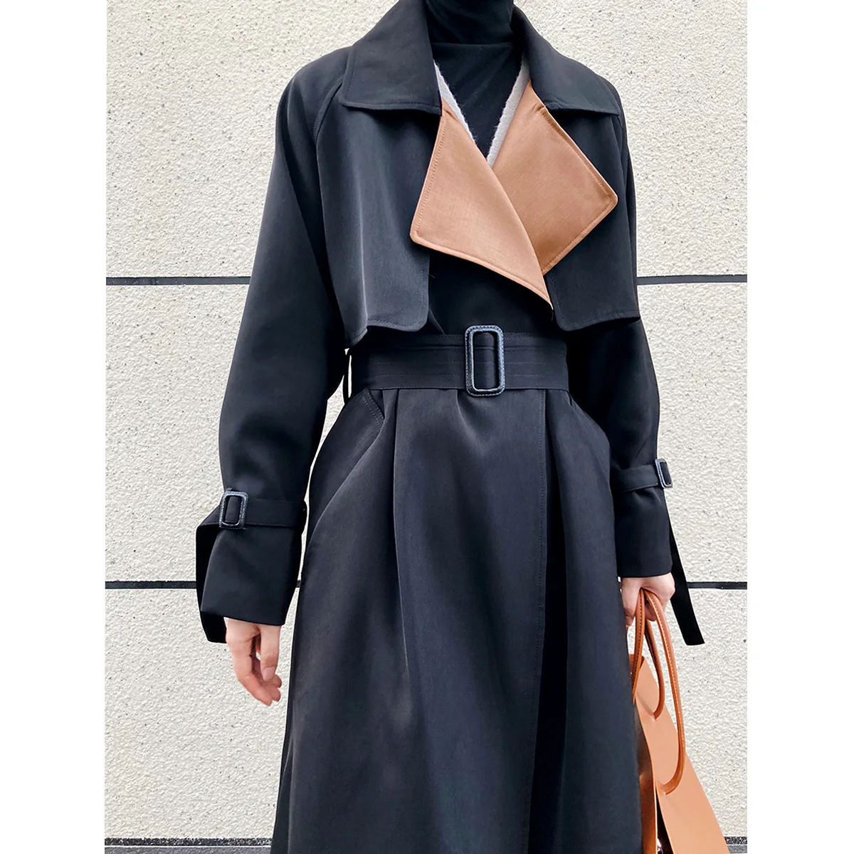 

Europe and the United States 2022 autumn winter new fashion color collision stitching lapel trench simple women's long coat