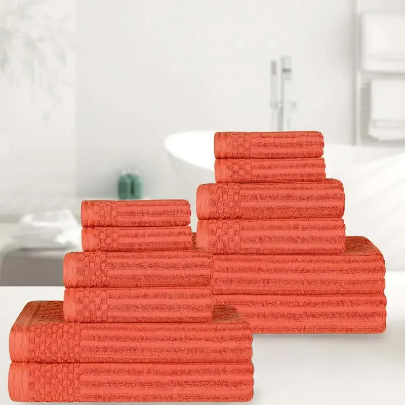 

Utopia Towels Utopia Towels Highly Absorbent 12-Piece Coral Solid & Checkered Border Towel Set - Soft, Durable and Stylish for E