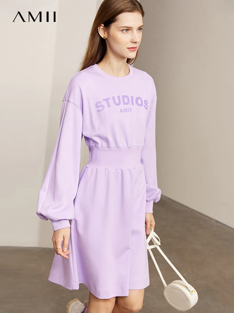 

AMII Minimalism Dress for Women 2023 Spring Dresses Casual Waist Guard Letter Embroidery Lantern Sleeve Dress Vestido 12351003