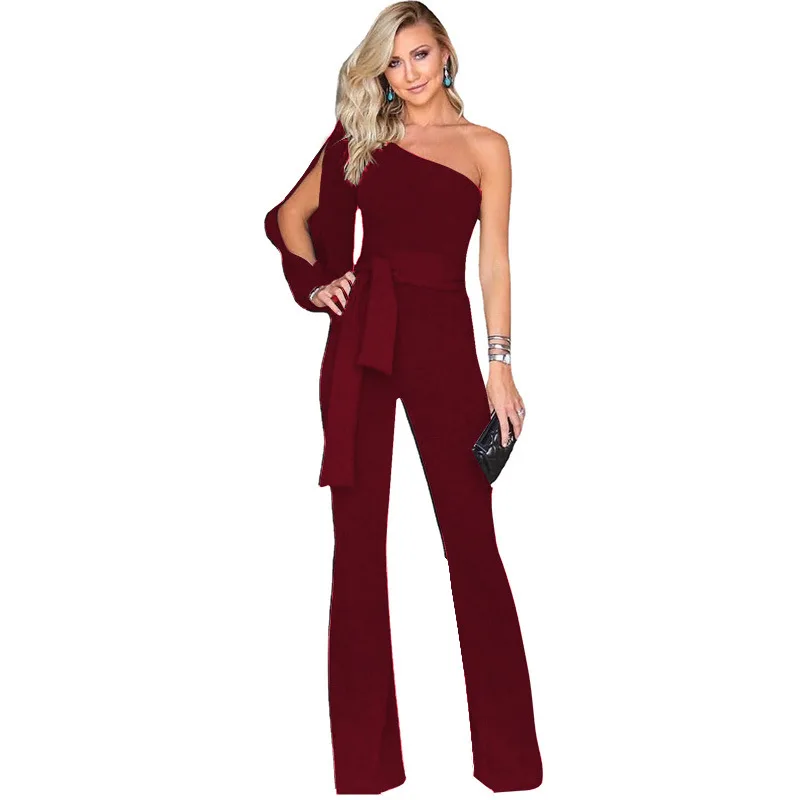 Women Wide Leg One Shoulder Jumpsuit 2023 Sexy Long Romper Female Party Clubwear Lace Up Bow Solid Color Jumpsuits Streetwear