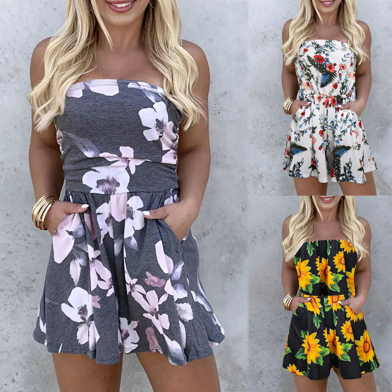 

3 Colors 2022 Women Floral Ruffled Pocket Strapless Casual High Waist Romper Print Open Back Fashionable Jumpsuit Fast Shipping