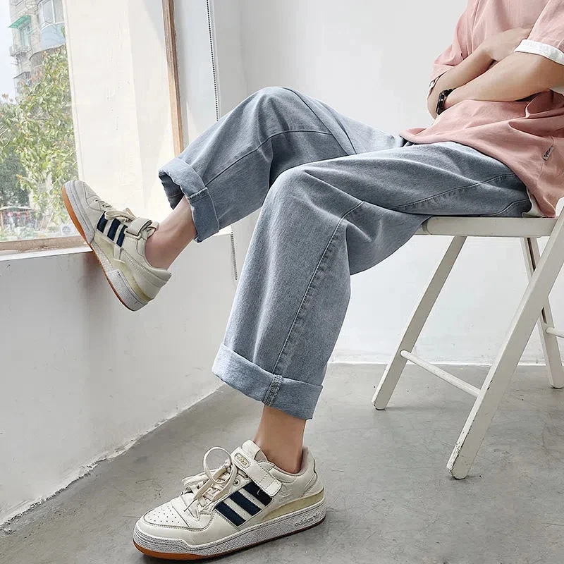 Korean Fashion Men Wide Leg Cropped Pants Jeans Autumn Streetwear Straight Baggy Denim Pants Male Trousers Baggy Jeans Boyfriend