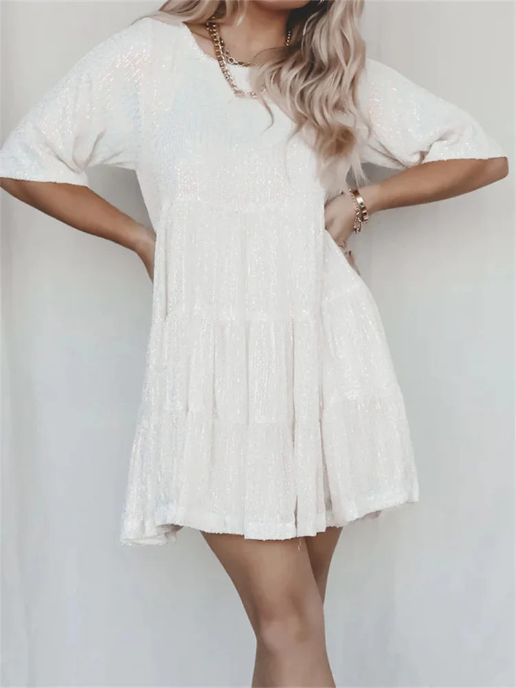 

CHRONSTYLE Women Short Sleeve Sequined Casual Mini Dress Round Neck Solid Color Party Spring Summer Dress Loose Female Vestidos