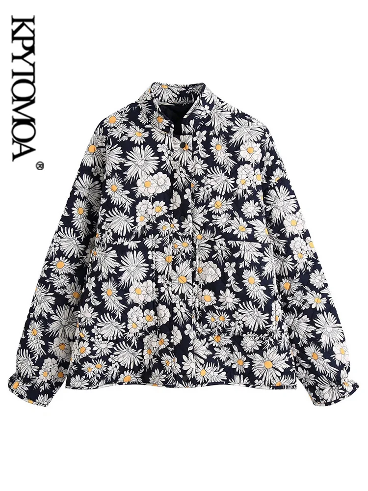 

KPYTOMOA Women Fashion Oversized Daisy Print Thin Padded Jack Coat Vintage Long Sleeve Ruffles Female Outerwear Chic Tops