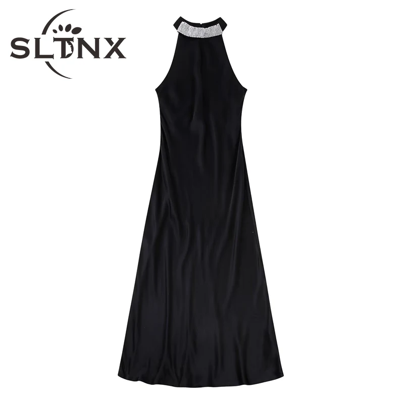 

SLTNX 2022 Summer Dress for Women Solid Neck-mounted Dresses Female Slim A-Line O-Neck Casual Dresses Ladies Chic Long Dress