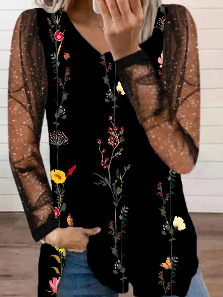 

Блузка женская с V-образным вырезом, Элегантная Модная блестящая рубашка в горошек, с сетчатым рукавом, с винтажным цветочным принтом, асимм...