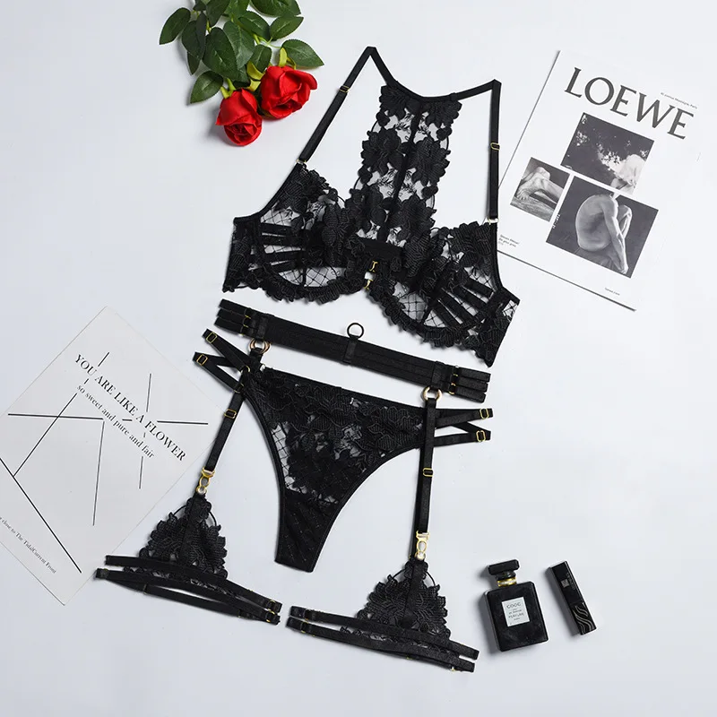 Ellolace Sensual Lingerie Panties Set Sexy Underwear Transparent Bra Hot Woman Thong Erotic Breves Sets 4-Pieces