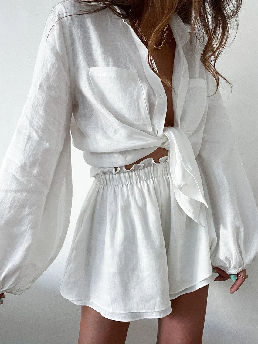 

2022 Hot Sale 2022 Summer European And American Cotton Linen Long Sleeve Top Ruffle Shorts Two Piece Casual Fashion White Suit